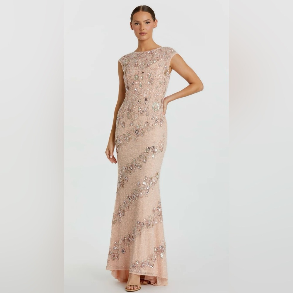 Embellished Bateau Neck Cap Sleeve Gown Size 4 Color Nude Silver